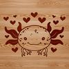 A water-dwelling salamander with a large head and feathery gills, adorned with small love hearts.
