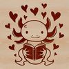 Adorable Axolotl Reading Moment An axolotl salamander sits on a stack of books, surrounded by love hearts, enjoying a quiet moment.