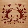 Love-struck Axolotl peeking out Axolotl salamander peeking out from behind a pair of love hearts, a vector illustration.