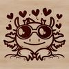 A close-up view of a smiling axolotl's face, its head peeking out from behind a pair of trendy sunglasses.