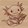 A digital illustration of a salamander species called axolotl sitting on its hind legs holding a book.