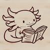 A digital illustration of a salamander reading a book, commonly known as an axolotl.