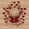Axolotl with love hearts and books A cute Axolotl salamander is sitting on a pile of books, surrounded by love hearts.