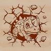 A prehistoric baby dinosaur is depicted smashing through a wall in a playful scene.