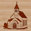 A detailed illustration of a Baptist church building with steeply pitched roof and large steeple.