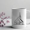 A simple illustration of a Baptist church building with a steeple and entrance.
