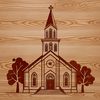A digital rendering of a traditional Baptist church building with a simple design.