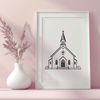 A simple illustration of a Baptist church building with traditional architecture.