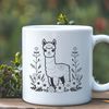Whimsical Alpaca Landscape A cute, fluffy alpaca in a field with floral elements surrounding it.