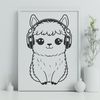 Whimsical Alpaca Headphones Illustration A stylized illustration of a happy alpaca wearing headphones.