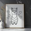 Stylized Alpaca with Love Hearts A stylized illustration of a friendly alpaca surrounded by love hearts.