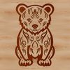 A stylized illustration of a bear sitting in a natural setting, featuring intricate details.