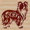A portrait of a standing Shetland sheepdog with intricate details.