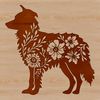 Colorful Floral Background Dog Silhouette A breed-standard Australian Shepherd dog standing on a grassy field with a floral pattern in the background.