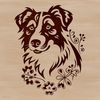 An illustration of a loyal Australian Shepherd dog with its head tilted slightly.
