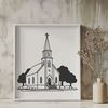 Stained Glass Baptist Building Vector A vector graphic representation of a traditional Baptist church building with a steeple and stained glass windows.
