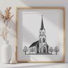 Traditional Southern Style Baptist Church Illustration A digital illustration of a traditional Baptist church building with a simple design and architectural details.