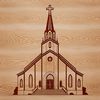 A simple illustration of a traditional Baptist church building with a steepled roof and stained glass windows.