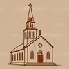 A stylized illustration of a Baptist church building with a traditional design.