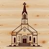 A simple illustration of a modern Baptist church building with a prominent steeple and entrance.