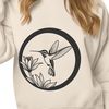 Floral Surrounds This Tiny Bird Illustrated hummingbird in mid-air, surrounded by floral elements.