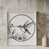 Illustration of a hummingbird in flight near flowers.