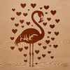 A single flamingo standing in a field with heart symbols surrounding it.