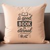 A minimalist illustration of a person reading a book with quotes displayed on the background.