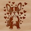 A Boston Terrier sitting in a playful pose, surrounded by love hearts.