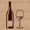 An illustration of a glass filled with red wine next to an empty bottle.