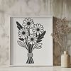 An illustration of a variety of flowers tied together with a ribbon to form a bouquet.