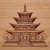 A stylized illustration of a traditional Buddhist temple with ornate details and architecture.