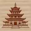 A detailed, 2D illustration of a traditional Buddhist temple with intricate architecture.
