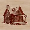 A detailed vector illustration of a traditional cabin with a rustic wooden exterior.