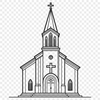 A simple illustration of a traditional Catholic church building with a prominent steeple.