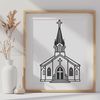 Detailed Church Illustration Vector Art A detailed illustration of a traditional Catholic church with stained glass windows and a prominent steeple.