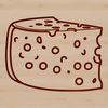 A stylized illustration of a wedge of cheese in 2D vector format.