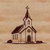 An illustration of a traditional church building with a prominent steeple and stained glass windows.
