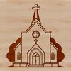A stylized illustration of a church building with a traditional design.
