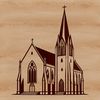 A stylized illustration of a church building with intricate details.