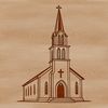 A stylized illustration of a church with detailed architecture.