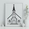 Traditional Baptist Church Building Illustration A 2D illustration of a traditional Baptist church building with steeply pitched roof and tall spire.