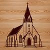 A detailed, 2D illustration of a church building with arches and stained glass windows.