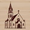 A stylized illustration of a traditional religious building with a prominent spire.