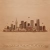 Cityscape illustration with buildings and skyscrapers.