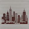 A detailed digital illustration of a metropolitan cityscape at sunset.