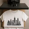 A detailed illustration of a city skyline with iconic skyscrapers and bustling streets.
