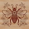 A stylized illustration of a bee in a floral setting.