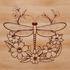 A detailed illustration of a dragonfly in flight, featuring a floral pattern on its body.