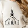 A 2D vector illustration of a modern Baptist church building with a distinctive steeple.